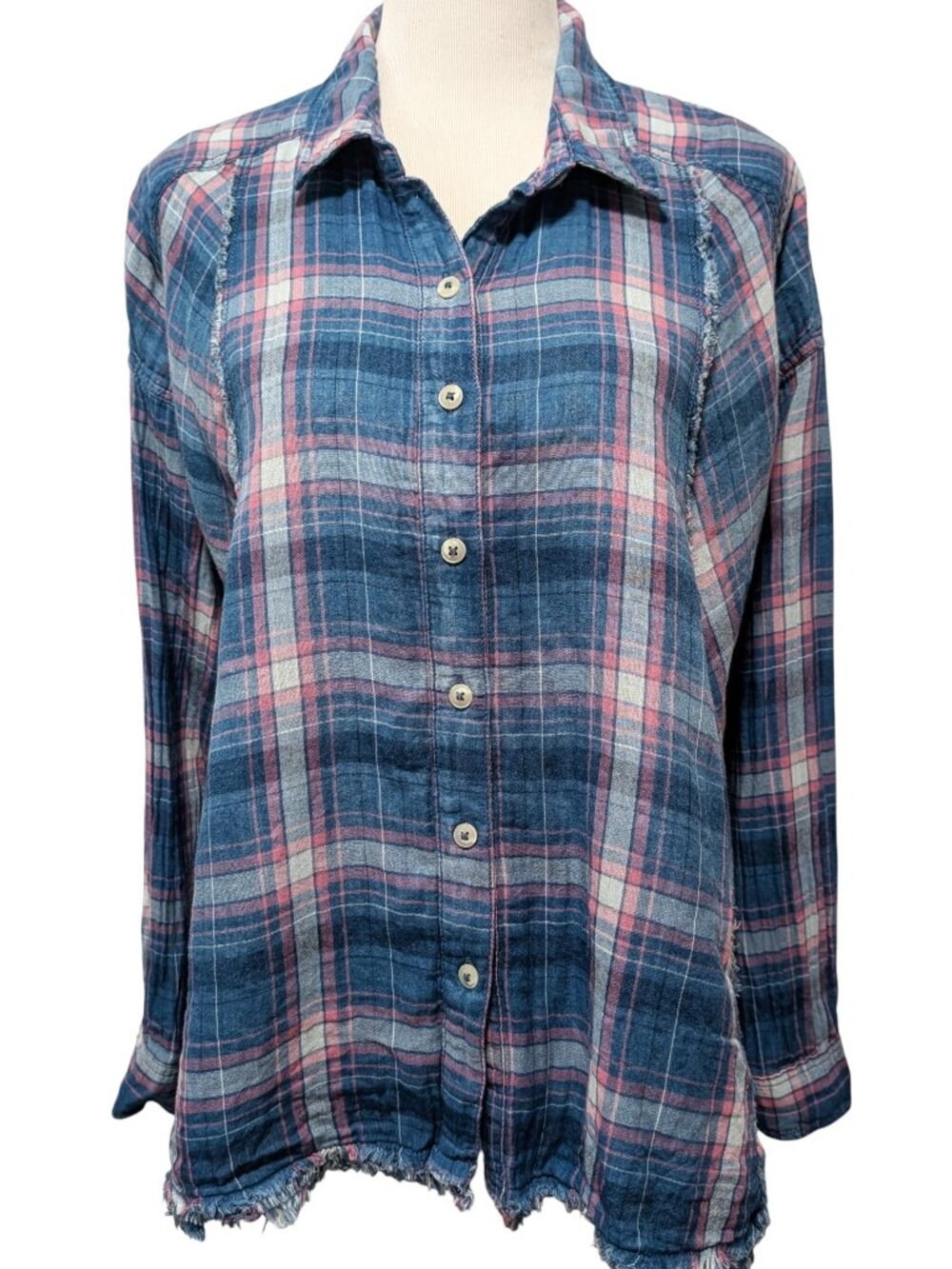 We The Free Womens Sz M Seeking Starlight Pink Blue Plaid Oversized Raw Hem Top